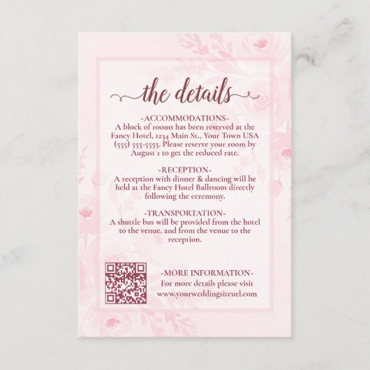 Pink Boho Pfingstrosen Hochzeitsdetails QR Code Begleitkarte (Vorderseite)