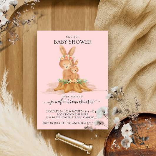 Pink Boho Rabbit Mommy Bunny Baby Einladung