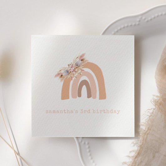 Pink Boho Rainbow Pampas Grass Birthday Party Serviette