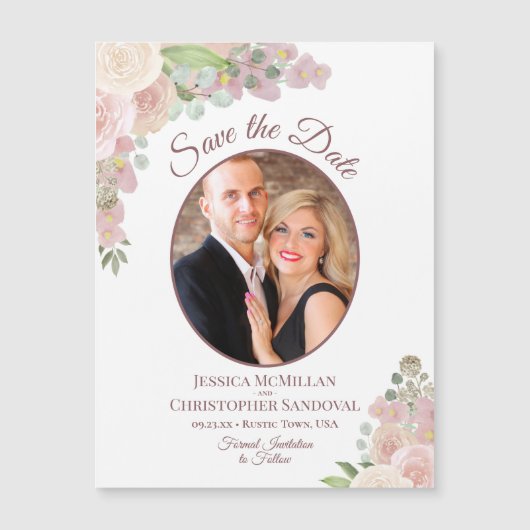 Pink Boho Rose Hochzeit Speichern Sie das Date Fot Magnetkarte (Vorderseite)