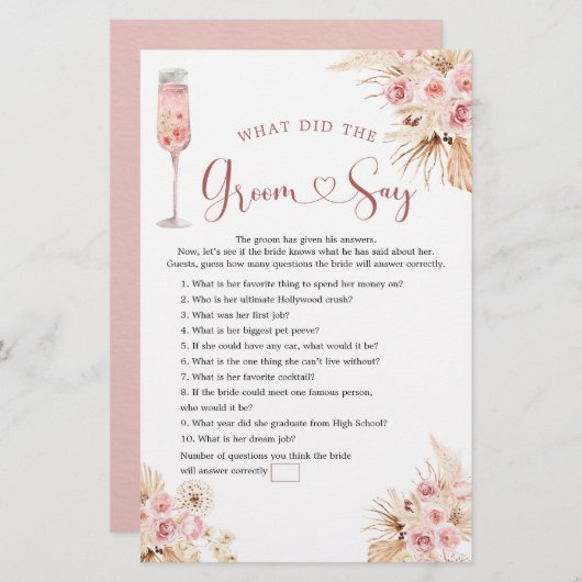 Pink Boho Rose Soiree Brautparty Groom Say Game (Vorne/Hinten)