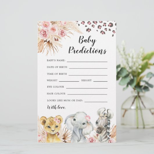Pink Boho Safari Party Animals Baby Predictions (Stehend Vorderseite)
