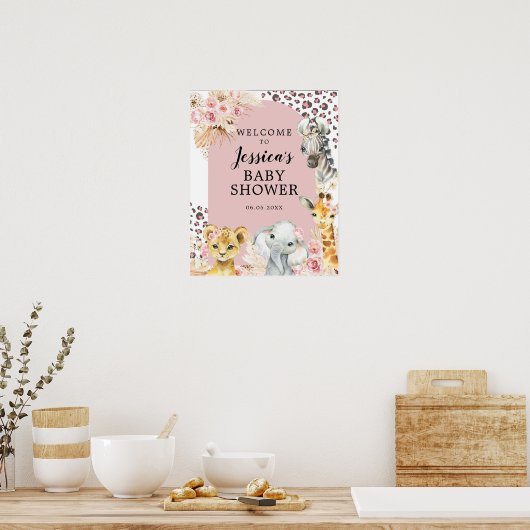 Pink Boho Safari Party Tiere Mädchen Begrüßungszei Poster (Küche)