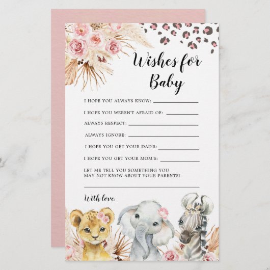 Pink Boho Safari Party Tiere Wünsche für Baby (Vorne/Hinten)
