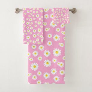 Pink Boho Spring Daisies Pattern Badhandtuch Set