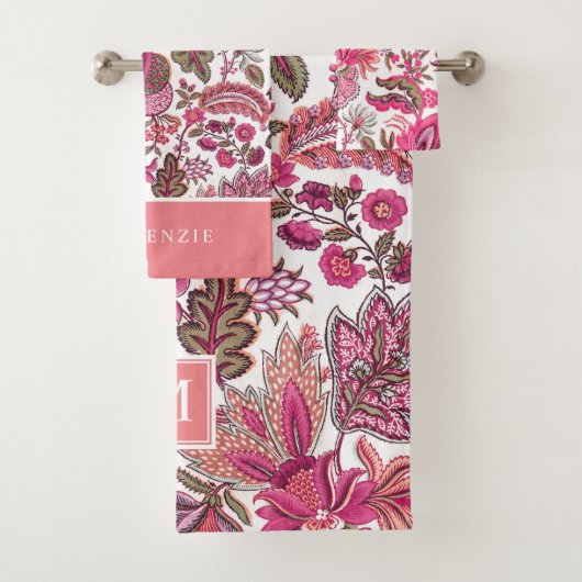 Pink Boho Vintag Floral Monogramm Badhandtuch Set (Insitu)