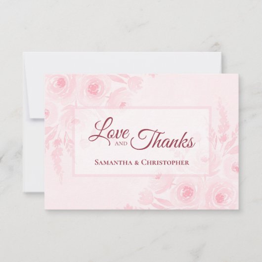 Pink Boho Watercolor Floral Love & Thanks Wedding Dankeskarte (Vorderseite)