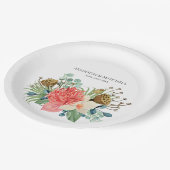 Pink Boho Wildblume Watercolor Bouquet Wedding Pappteller (Schrägansicht)