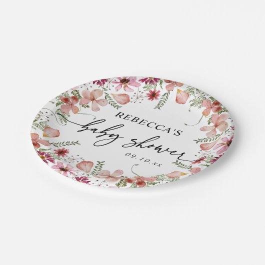 Pink Boho Wildblumen Babydusche Papier Teller (Schrägansicht)