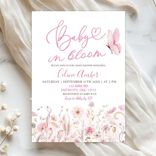 Pink Boho Wildflower Baby in Bloom Baby Shower Einladung