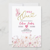 Pink Boho Wildflower Butterfly First Birthday Einladung (Vorderseite)