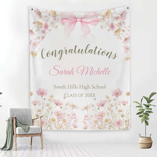 Pink Boho Wildflowers Graduation Party Wandteppich