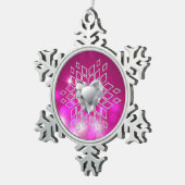 Pink Bokeh Diamond Snowflake & Herz Schneeflocken Zinn-Ornament (Rechts)