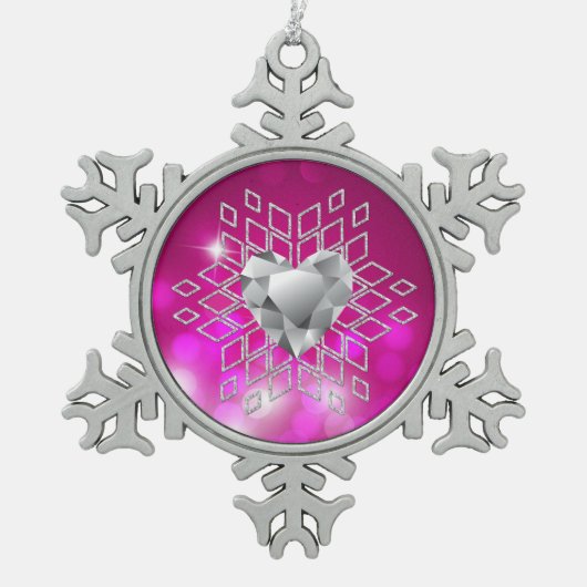 Pink Bokeh Diamond Snowflake & Herz Schneeflocken Zinn-Ornament (Vorderseite)