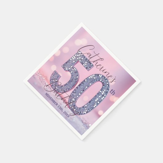 Pink Bokeh Glam Silver Glitter 50th Birthday Serviette (Ecke)