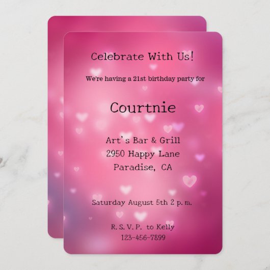 Pink Bokeh Hearts Geburtstag Einladung (Vorne/Hinten)