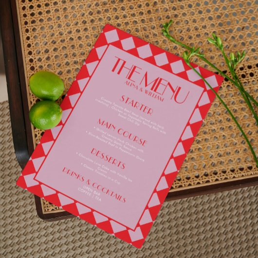 Pink Bold Funky Retro Checkerboard Wedding Menu Menükarte