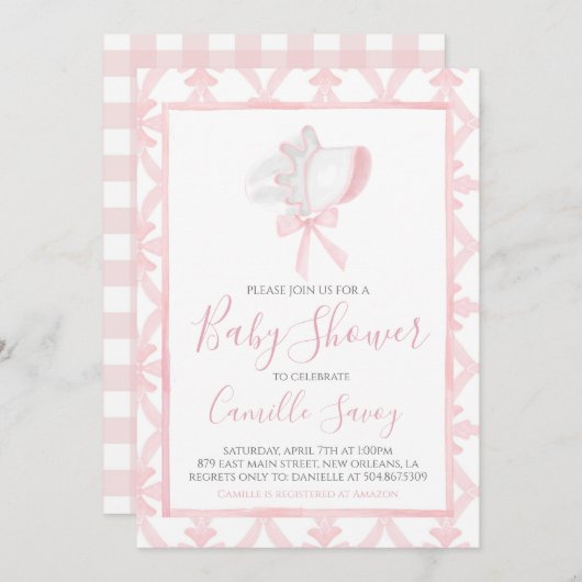 Pink Bonnet Girl Baby Dusche Preppy Süd Einladung (Vorne/Hinten)