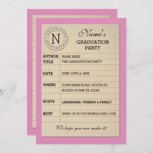 Pink Book Invite der Library Card Graduation Party Einladung (Vorne/Hinten)
