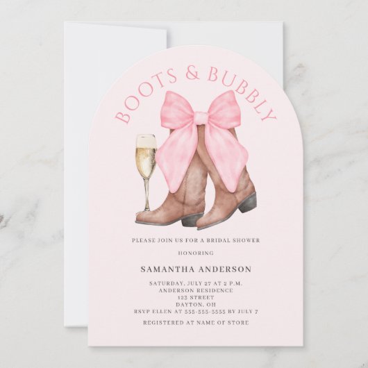 Pink Boots Bubbly Western Bridal Shower Einladung (Vorderseite)