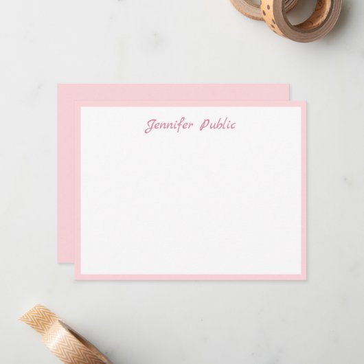 Pink Border Handwriting Script Simple White Trendy Mitteilungskarte (Vorderseite/Rückseite Beispiel)