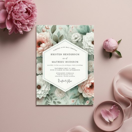 Pink Botanical Bloom Wedding Einladung