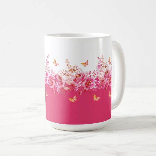 Pink Botanical Butterflies Mug Kaffeetasse (VorderseiteRechts)