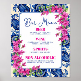 Pink Bougainvillea Blue Tile Bar Sign Poster
