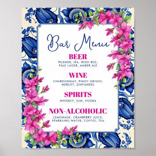 Pink Bougainvillea Blue Tile Bar Sign Poster (Vorne)