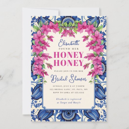 Pink Bougainvillea Blue Tile Brautparty Einladung (Vorderseite)