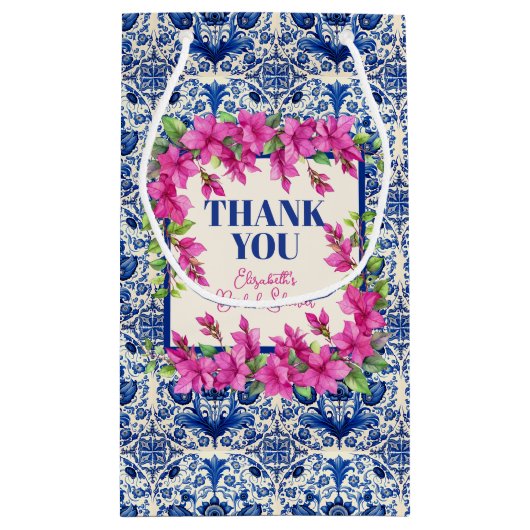 Pink Bougainvillea Blue Tile Brautparty Kleine Geschenktüte (Rückseite)
