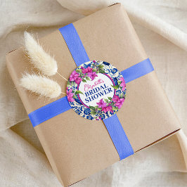 Pink Bougainvillea Blue Tile Bridal Shower Runder Aufkleber