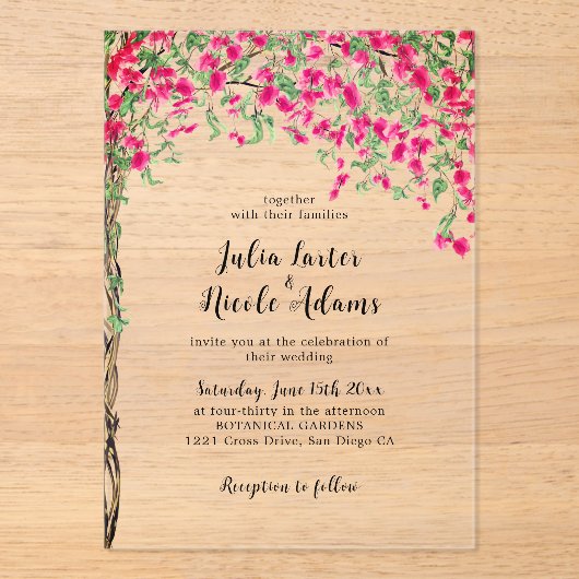 Pink Bougainvillea Tropical Forest Wedding Acryleinladungen (Vorderseite)