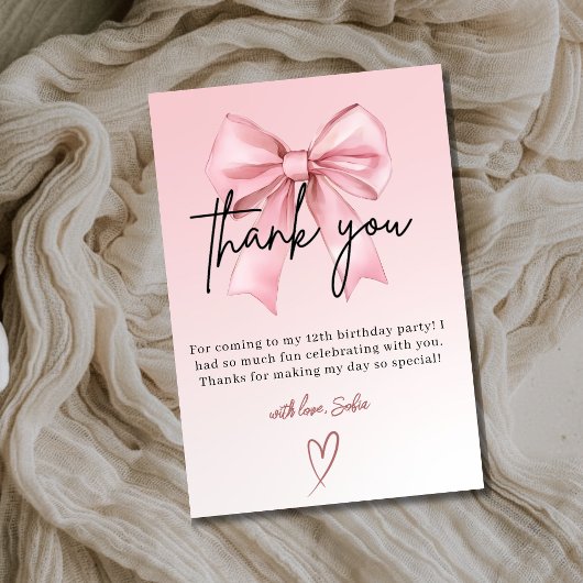 Pink Bow 12th Birthday Thank You Card Dankeskarte