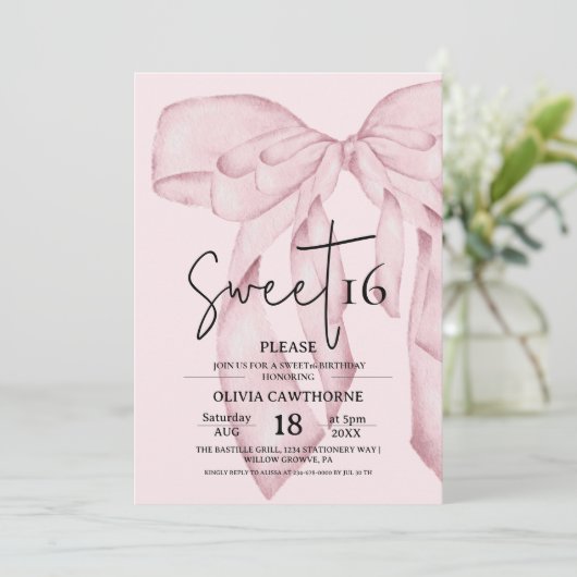 Pink Bow 16th Birthday ⎮ Elegant Sweet 16 Einladung (Stehend Vorderseite)