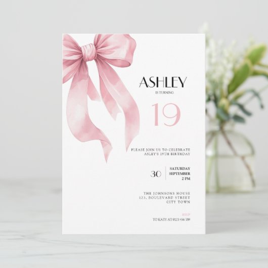 Pink Bow 19th Birthday Invitation for Girls Einladung (Stehend Vorderseite)