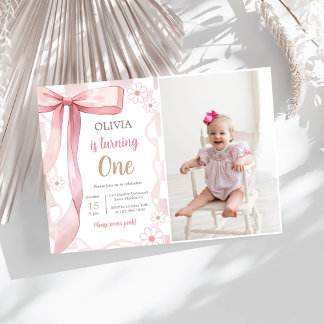 Pink Bow 1. Geburtstags-Girl-Foto Einladung