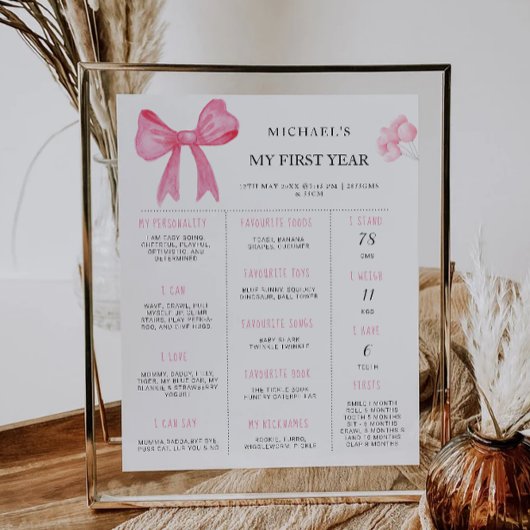 Pink Bow 1. Geburtstags-Meilenstein Poster