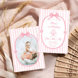 Pink Bow 1st Birthday Girl Photo Invitation Einladung