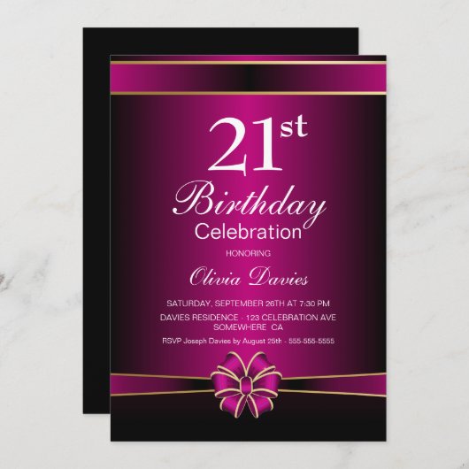 Pink Bow 21. Geburtstag Party Einladung (Vorne/Hinten)
