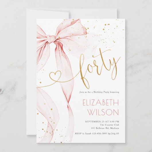 Pink Bow 40th Birthday Invitation Einladung (Vorderseite)