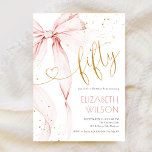 Pink Bow 50th Birthday Invitation Einladung<br><div class="desc">Pink Bow 50th birthday invitation. Modern feminine design in blush pink and gold. Features trendy watercolor coquette bow,  and heart script font "fifty". Perfect for an elegant style women's bday celebration. Personalize with your own details. Printed Zazzle invitations or instant download digital printable template.</div>