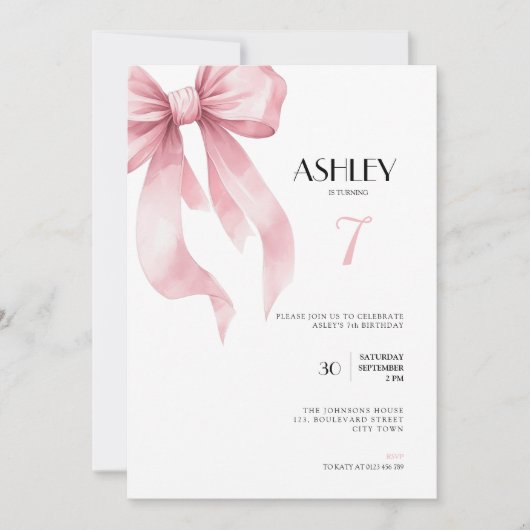 Pink Bow 7th Birthday Invitation for Girls Einladung (Vorderseite)