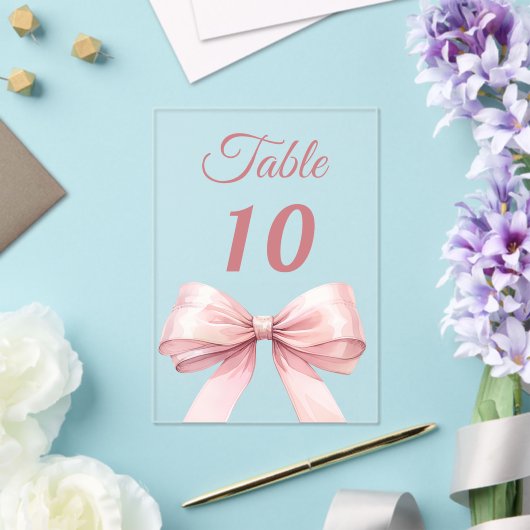 Pink bow acrylic table number sign acryleinladungen (In Situ (Hochzeit))