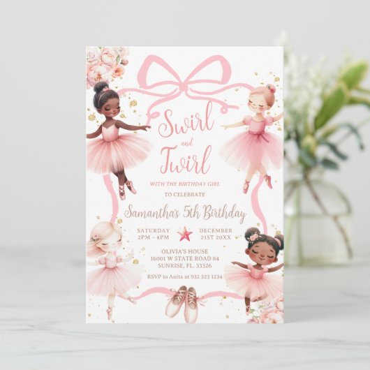 Pink Bow American Ballerina Tutu Birthday Einladung (Stehend Vorderseite)