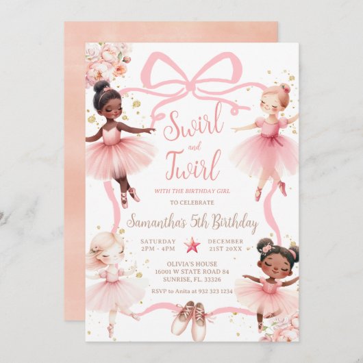 Pink Bow American Ballerina Tutu Birthday Einladung (Vorne/Hinten)