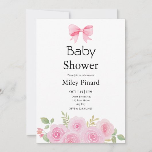 Pink Bow and Floral Baby Shower Invitation Einladung (Vorderseite)