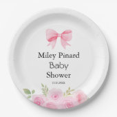Pink Bow and Floral Baby Shower Pappteller (Vorderseite)