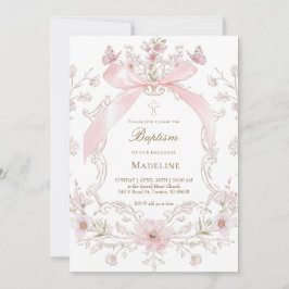 pink bow and flowers frame Baptism girl Einladung
