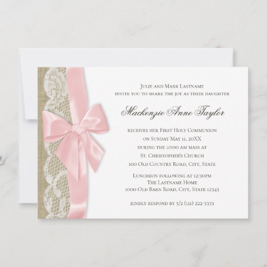 Pink Bow and Lace First Communation Einladung (Vorderseite)